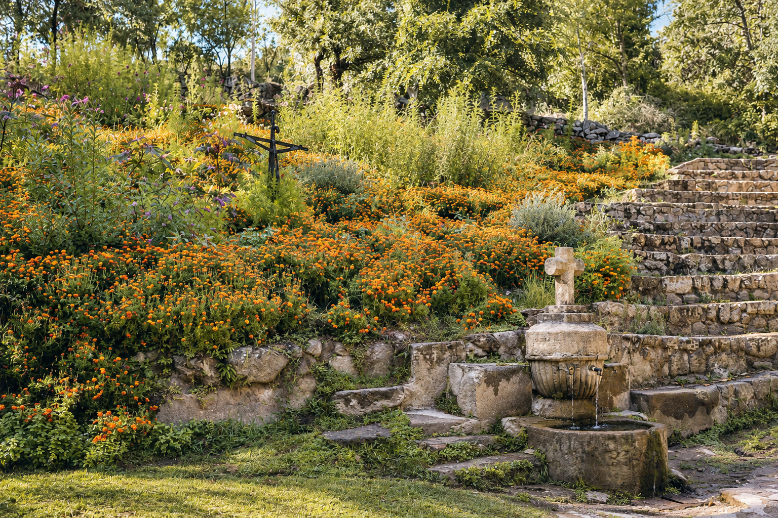Flowering rockery and stone steps beside Lavanda Apartment