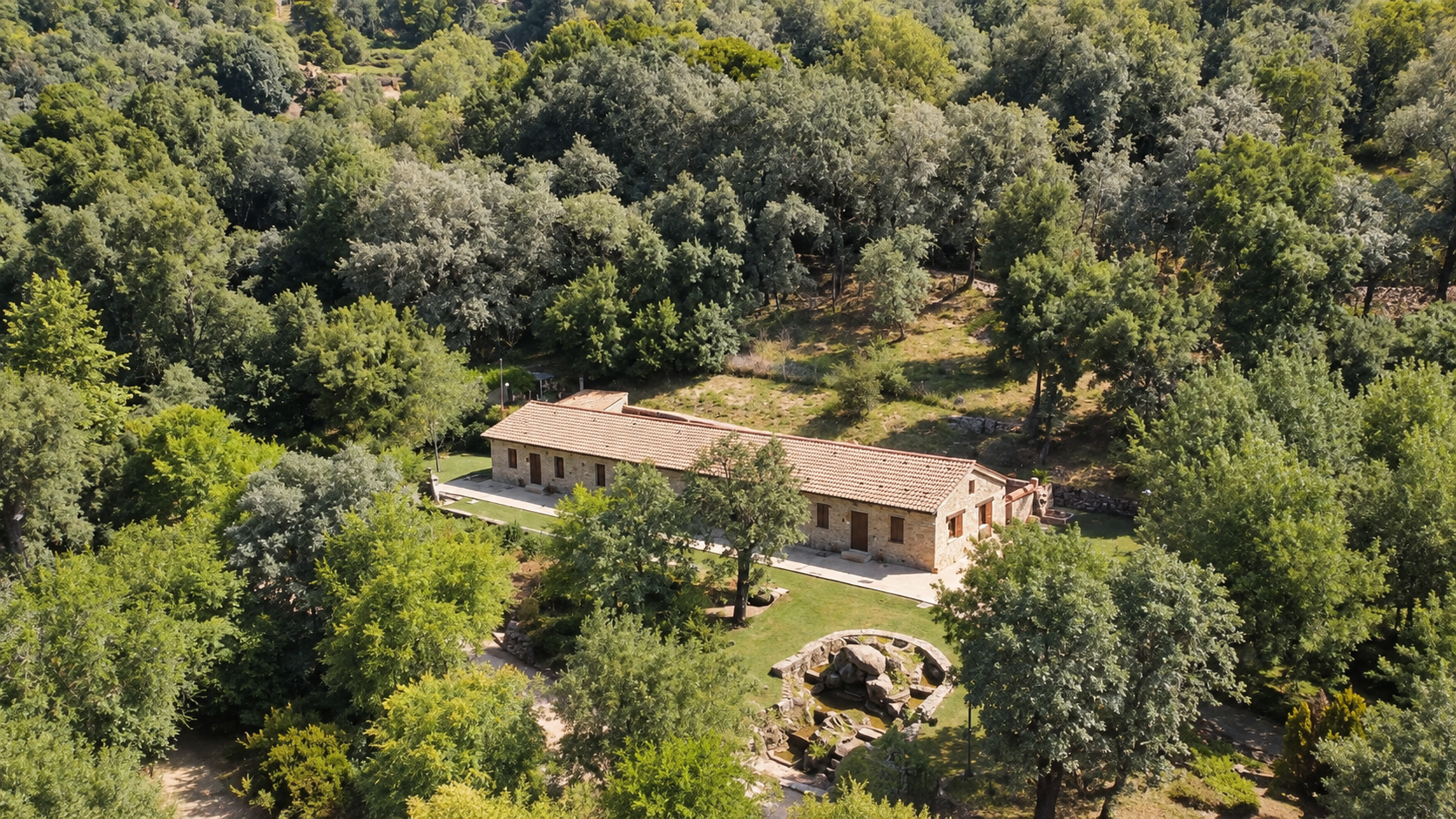 Aerial view of Tomillo Apartment and its wooded surroundings