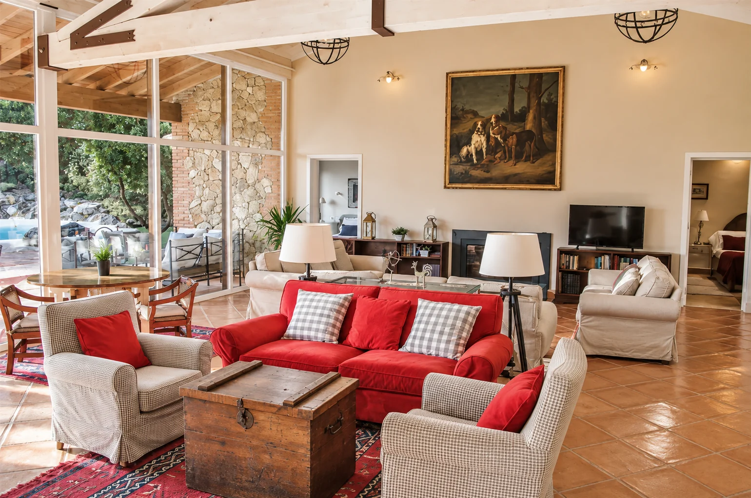 Living room of Villa El Bosque with sofas beside the fireplace