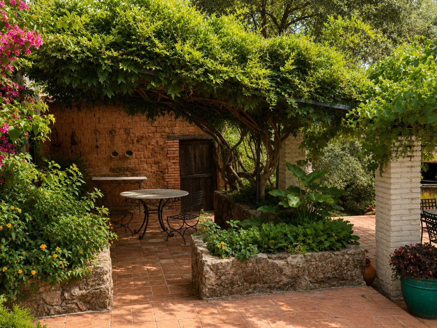 Shaded corner of Villa Alardos with an iron table and stone wall