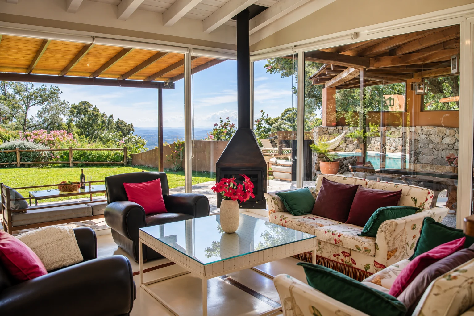 Living room of Villa Los Castaños opening onto the garden, on the El Escondite estate