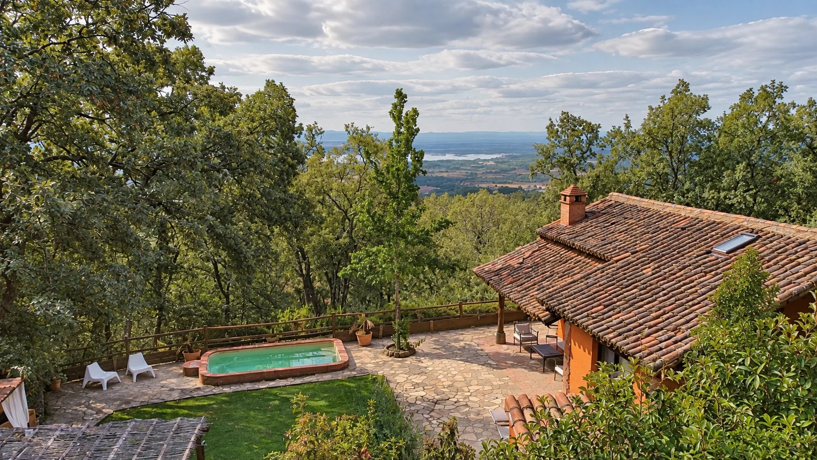 Elevated view of Villa Los Olivos and its pool