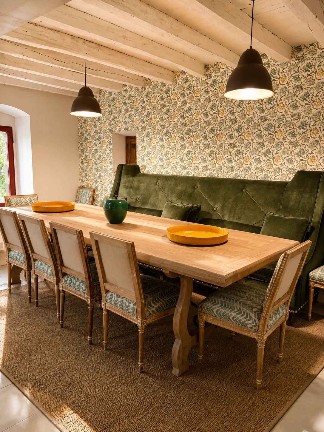 Large wooden table set in Villa Alardos, accommodation for 18 people about 20 minutes from the main estate