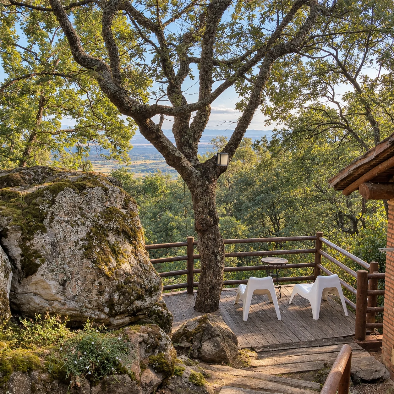 Outdoor corner at Villa Los Robles among large rocks and trees