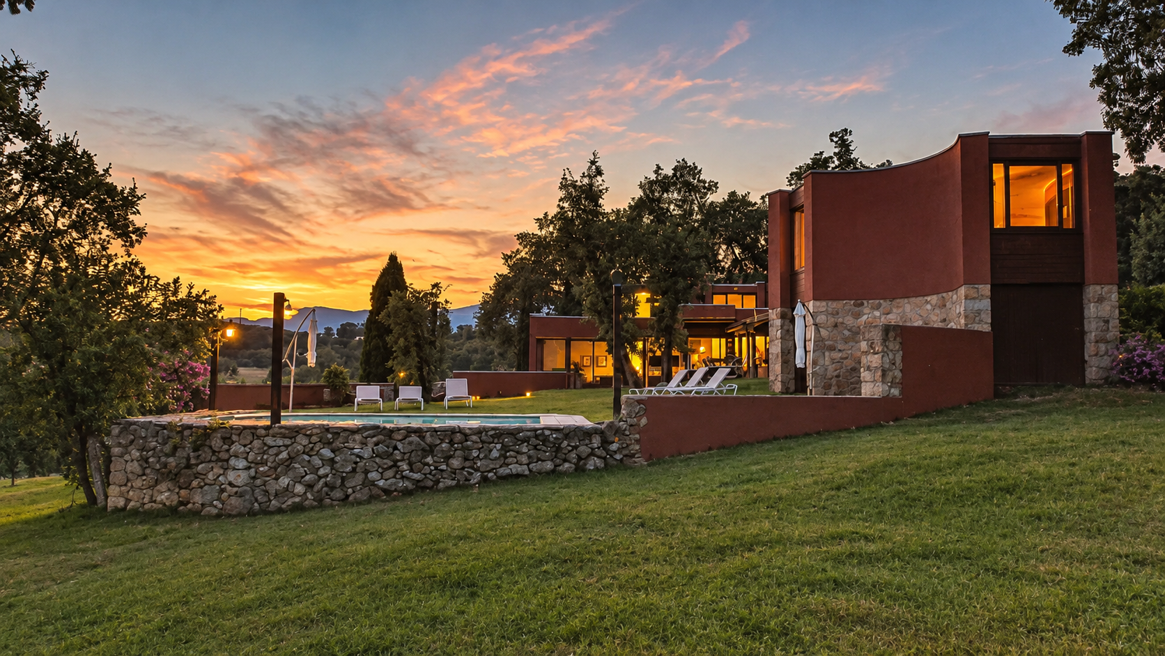 Villa Candelaria, pool and garden at sunset