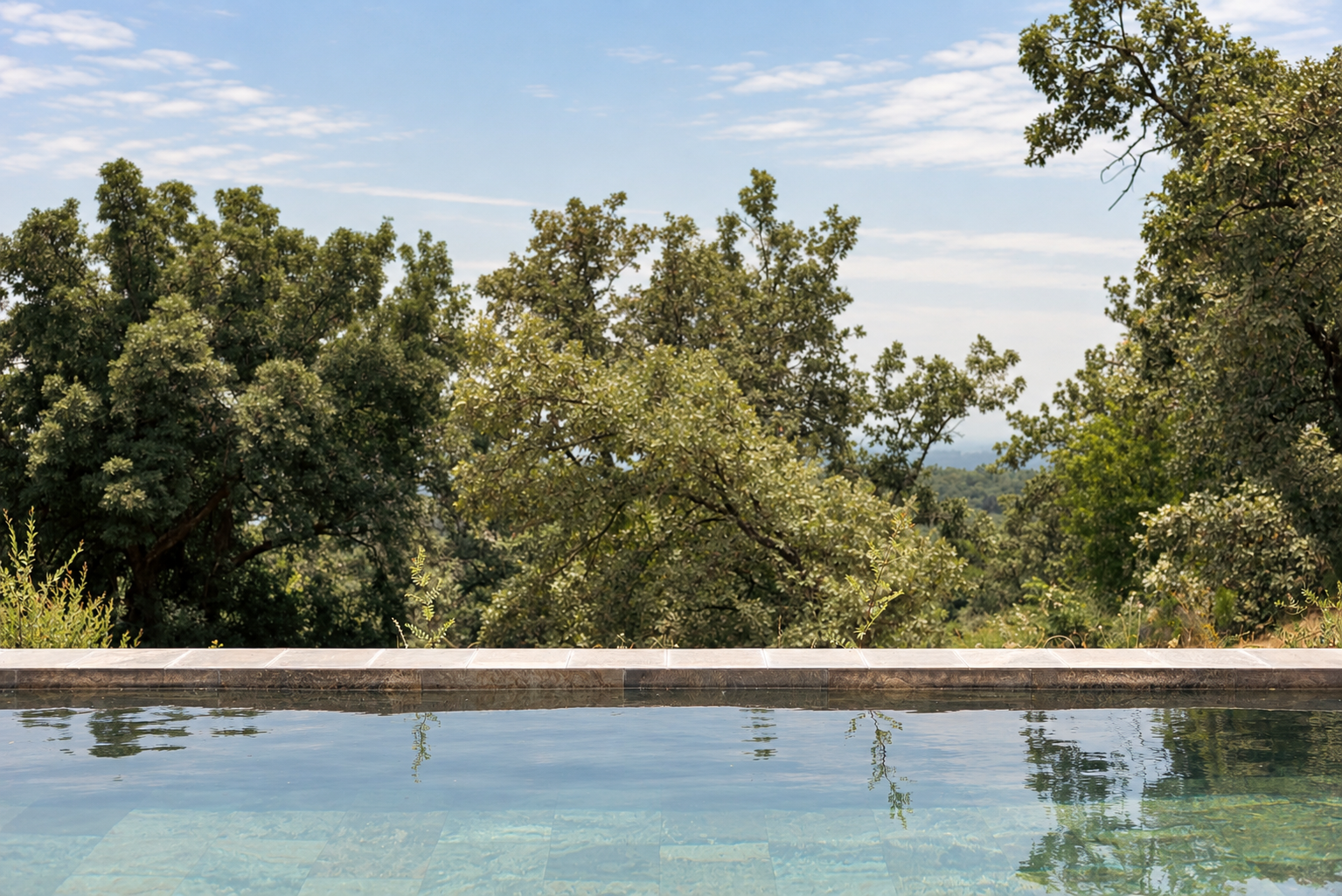 Water and holm oaks beside Villa Las Cuadras