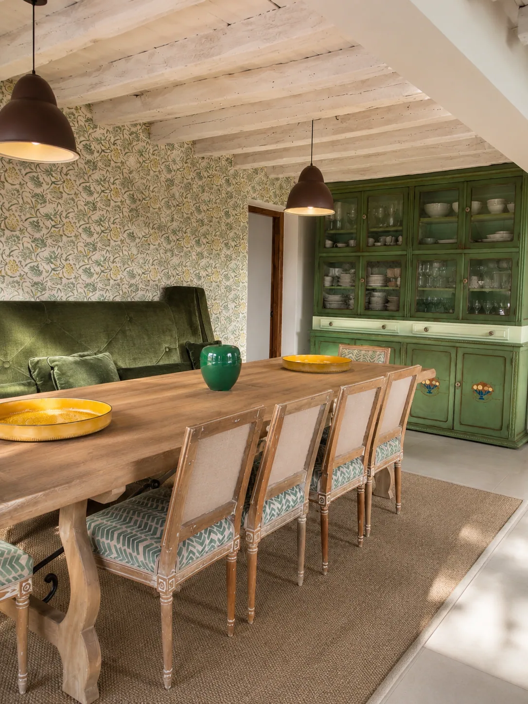 Dining room of Villa Alardos with a green dresser and wooden table