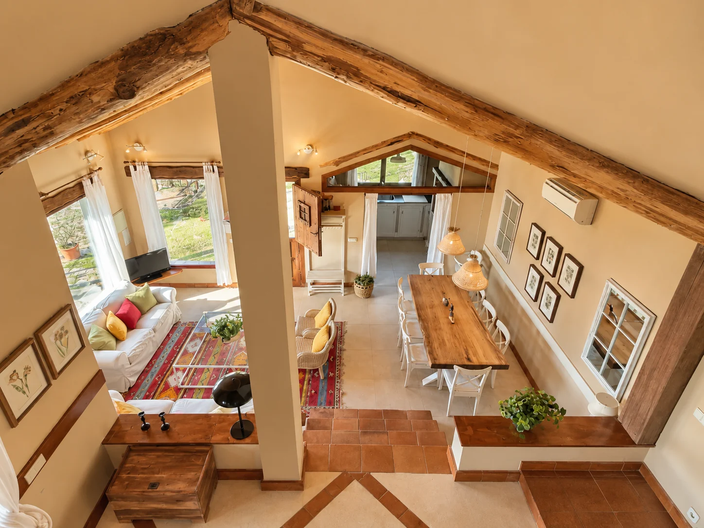 Elevated view of the living and dining room at Villa Los Robles