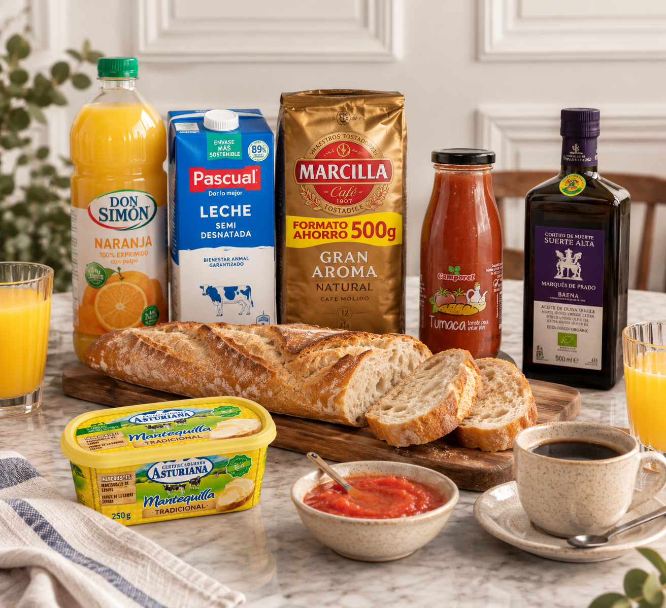 Contenido del desayuno: zumo de naranja, leche, café molido, aceite de oliva, tomate para untar, mantequilla y pan
