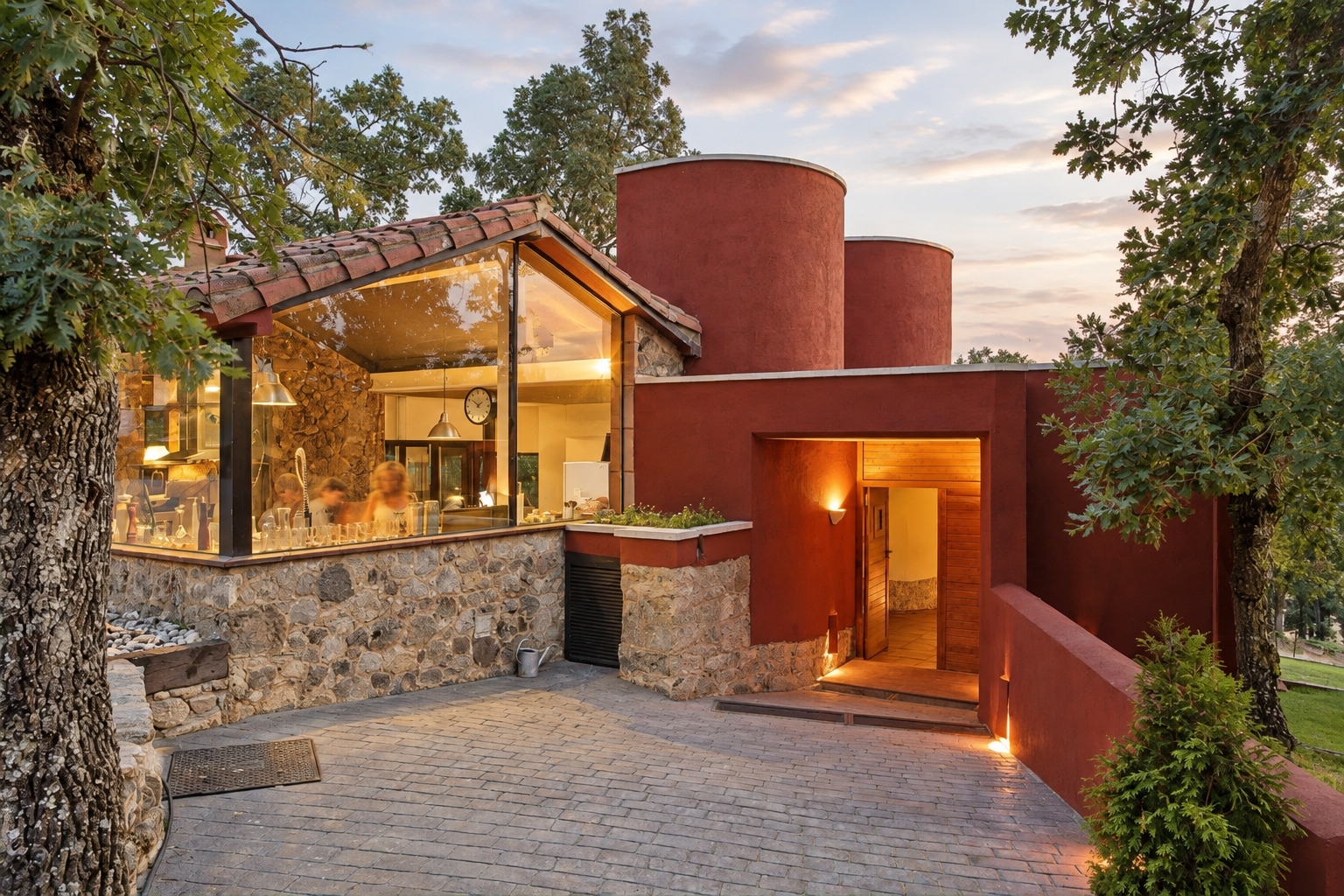 Illuminated entrance to Villa Candelaria
