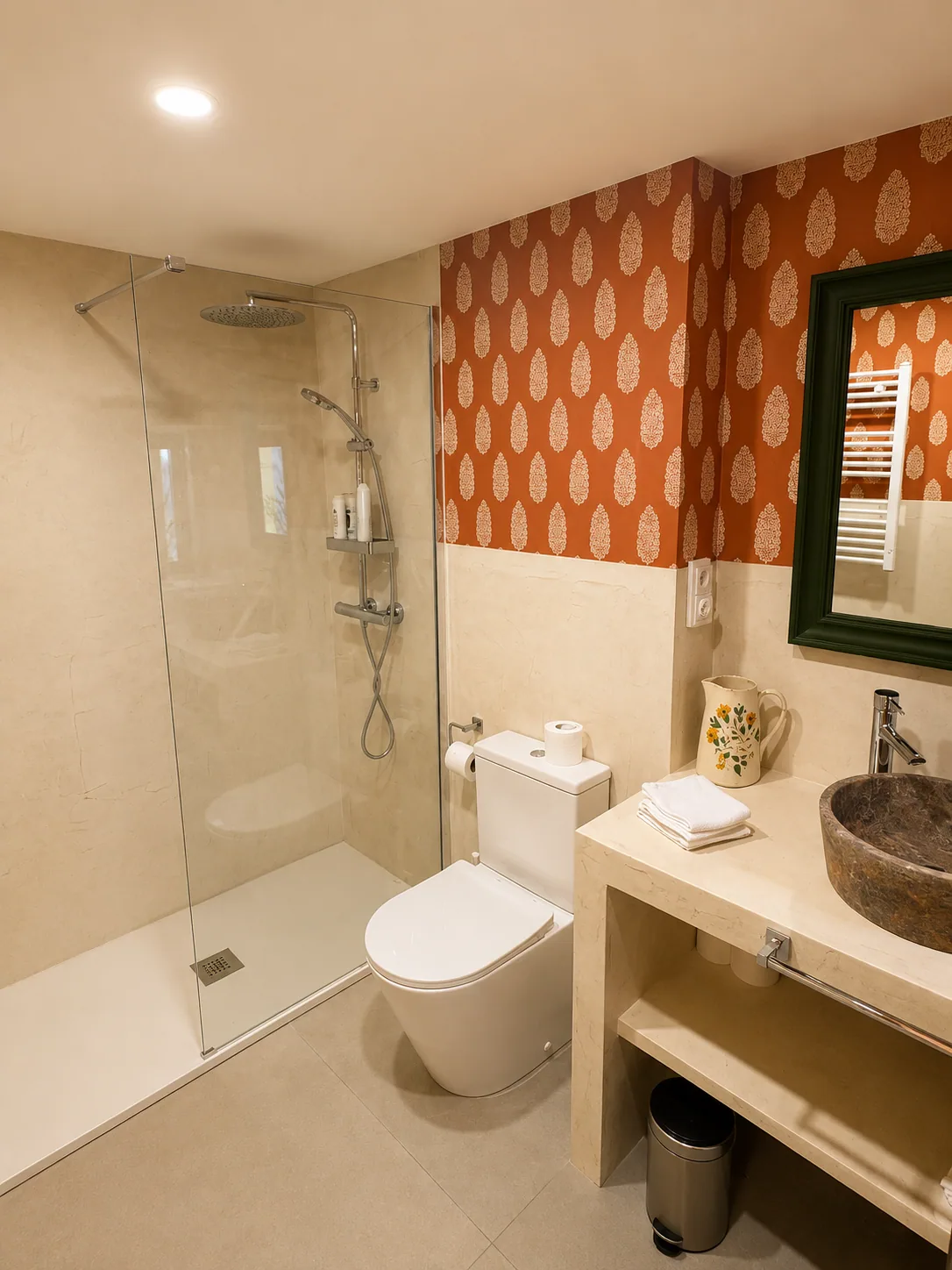 Bathroom of Villa Alardos with a walk-in shower and stone basin