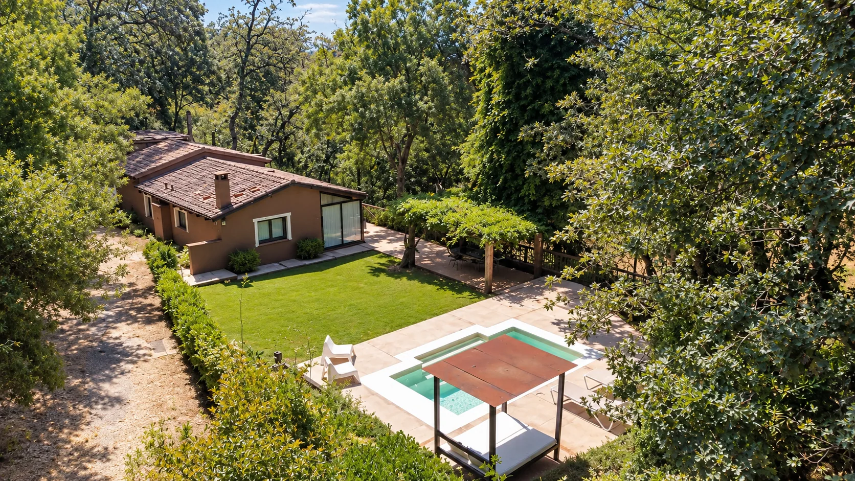 Aerial view of Villa Los Fresnos with pool and garden