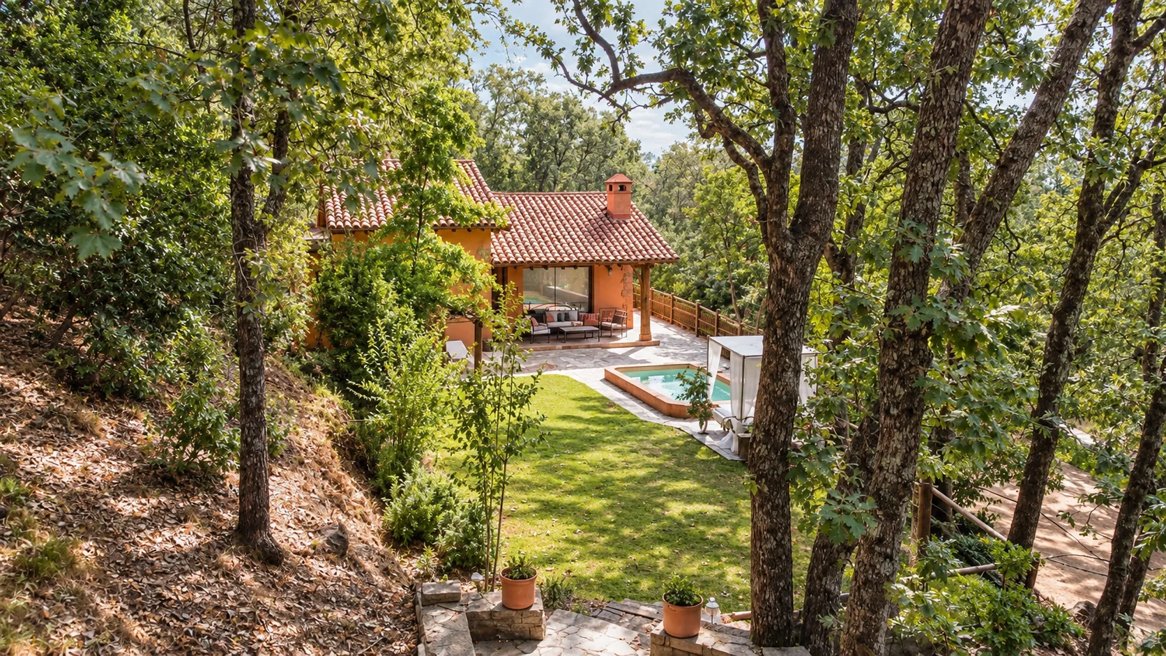 Garden at Villa Los Madroños among holm oaks