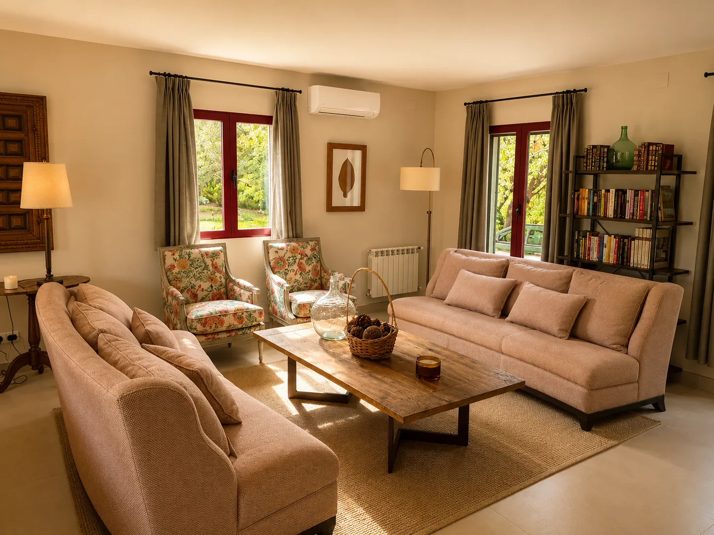 Second living room of Villa Alardos with bookshelves and armchairs