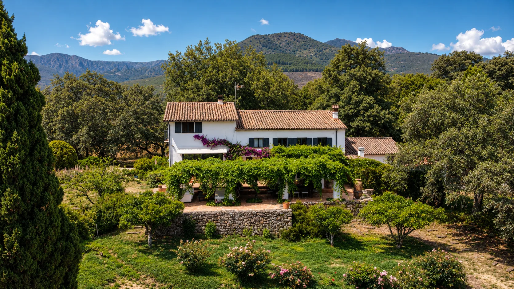 Villa Alardos among holm oaks with the mountains behind