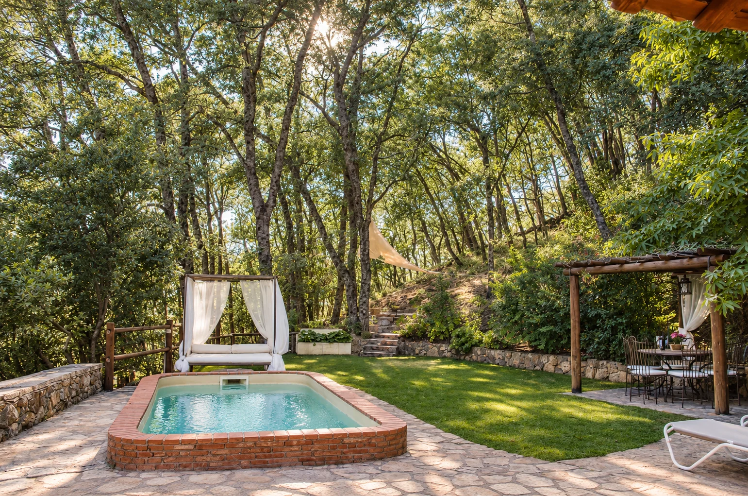 Pool and Balinese bed at Villa Los Madroños