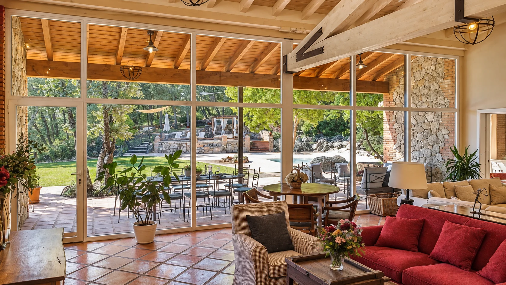 Glazed living room at Villa El Bosque opening onto the garden