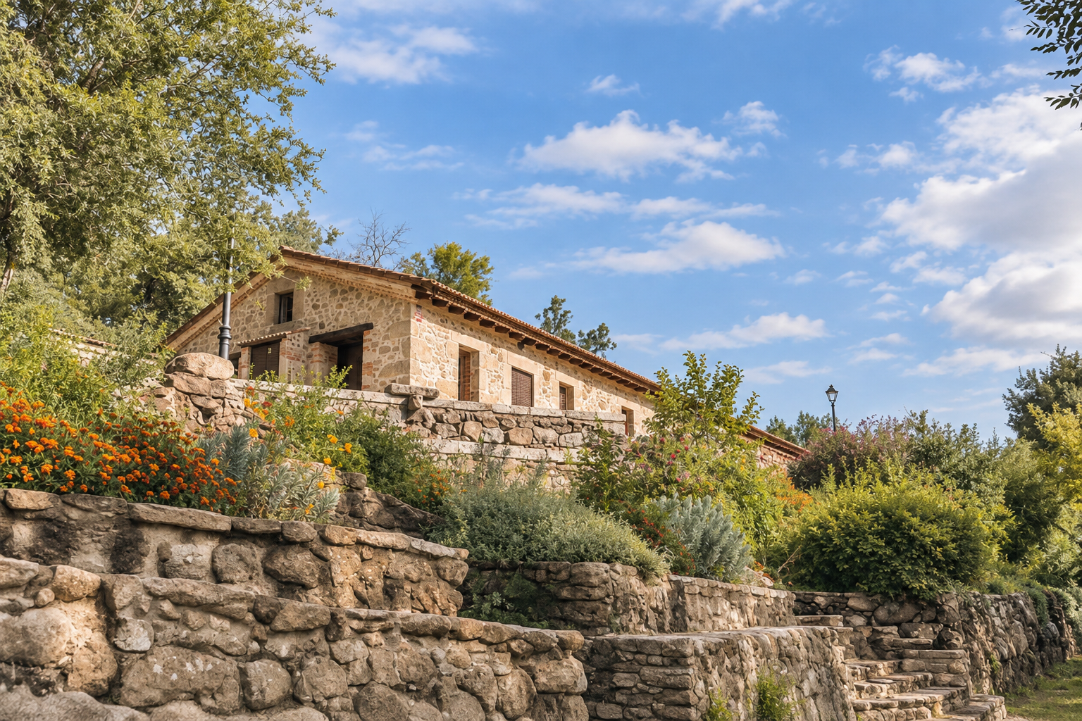 Stone facade of Lavanda Apartment above the flowering rockery