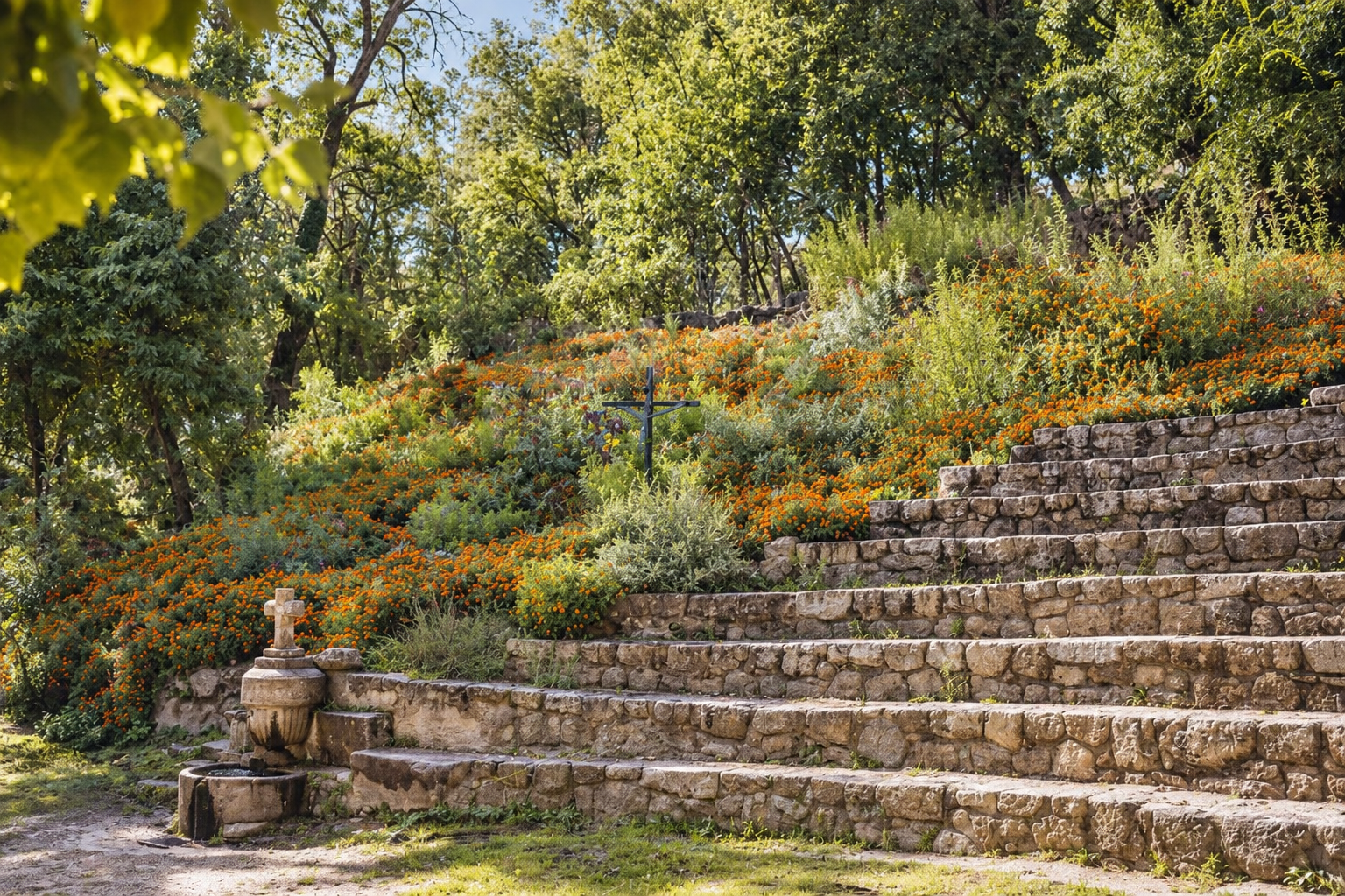 Stone steps among flowers in the surroundings of Romero