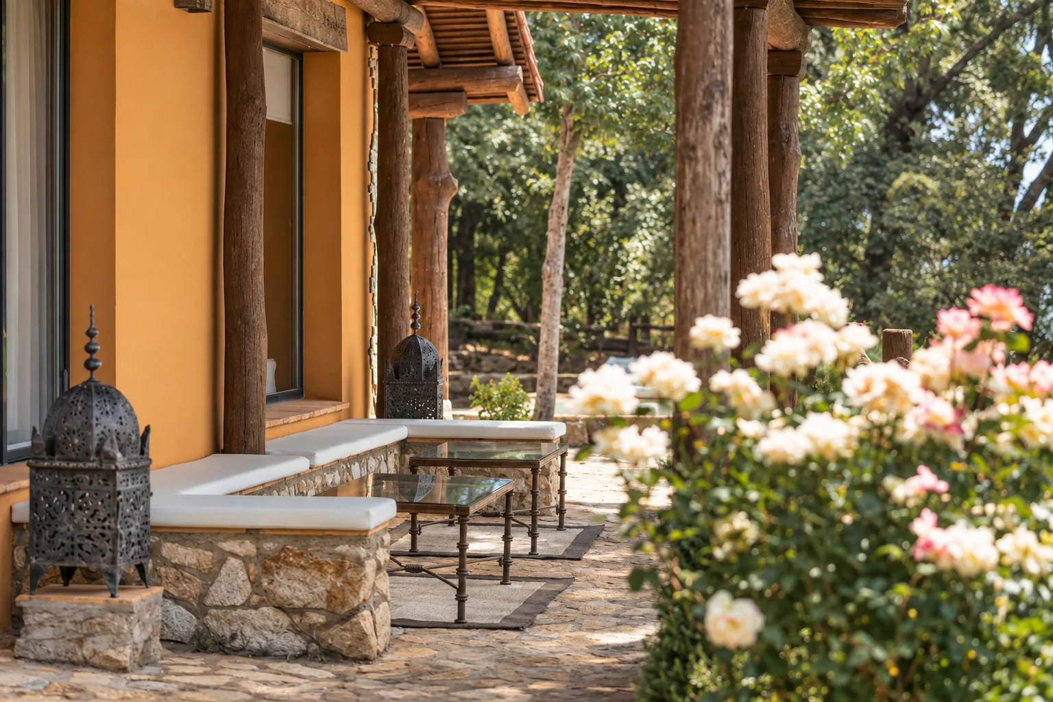 Terrace at Villa Los Olivos among roses