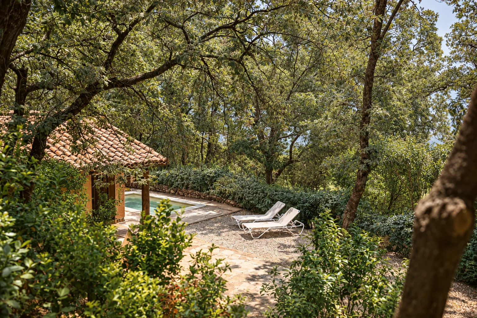 Sun loungers among holm oaks in the garden of Villa Los Rosales