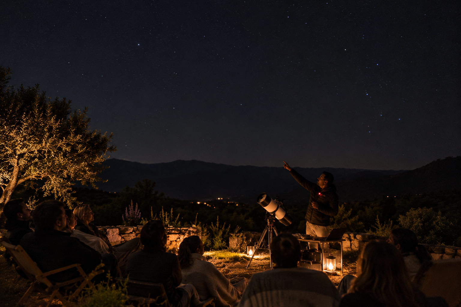Un experto en astronomía explica el cielo estrellado a un grupo junto a un telescopio