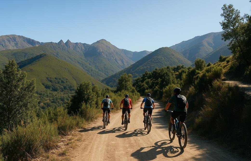 Group cycling along a path in the Sierra de Gredos