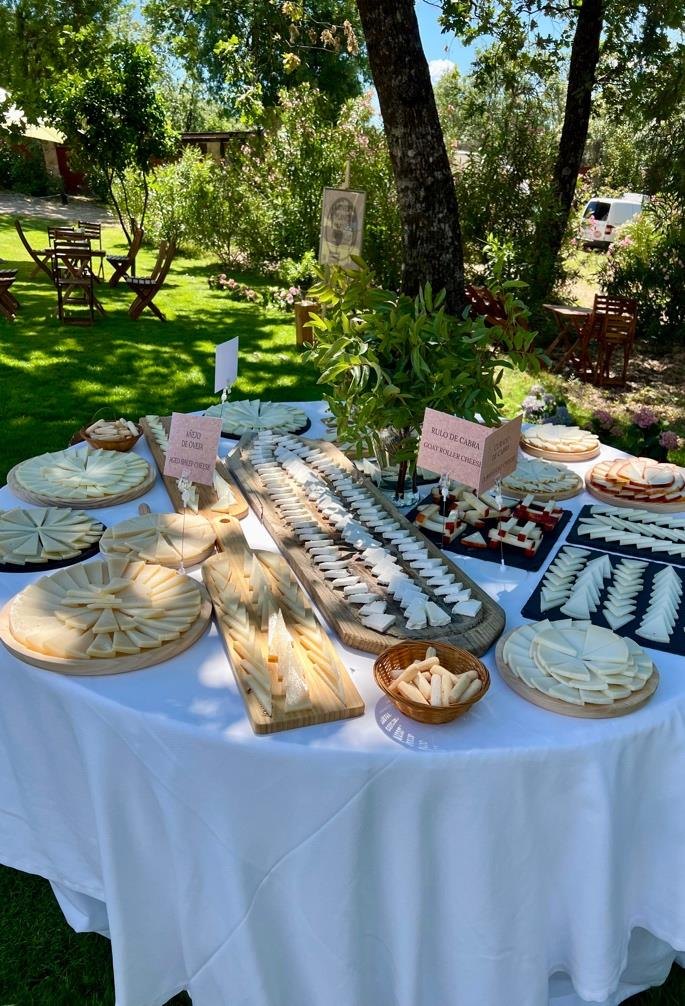 Aperitif table with trays and dishes set up in the garden